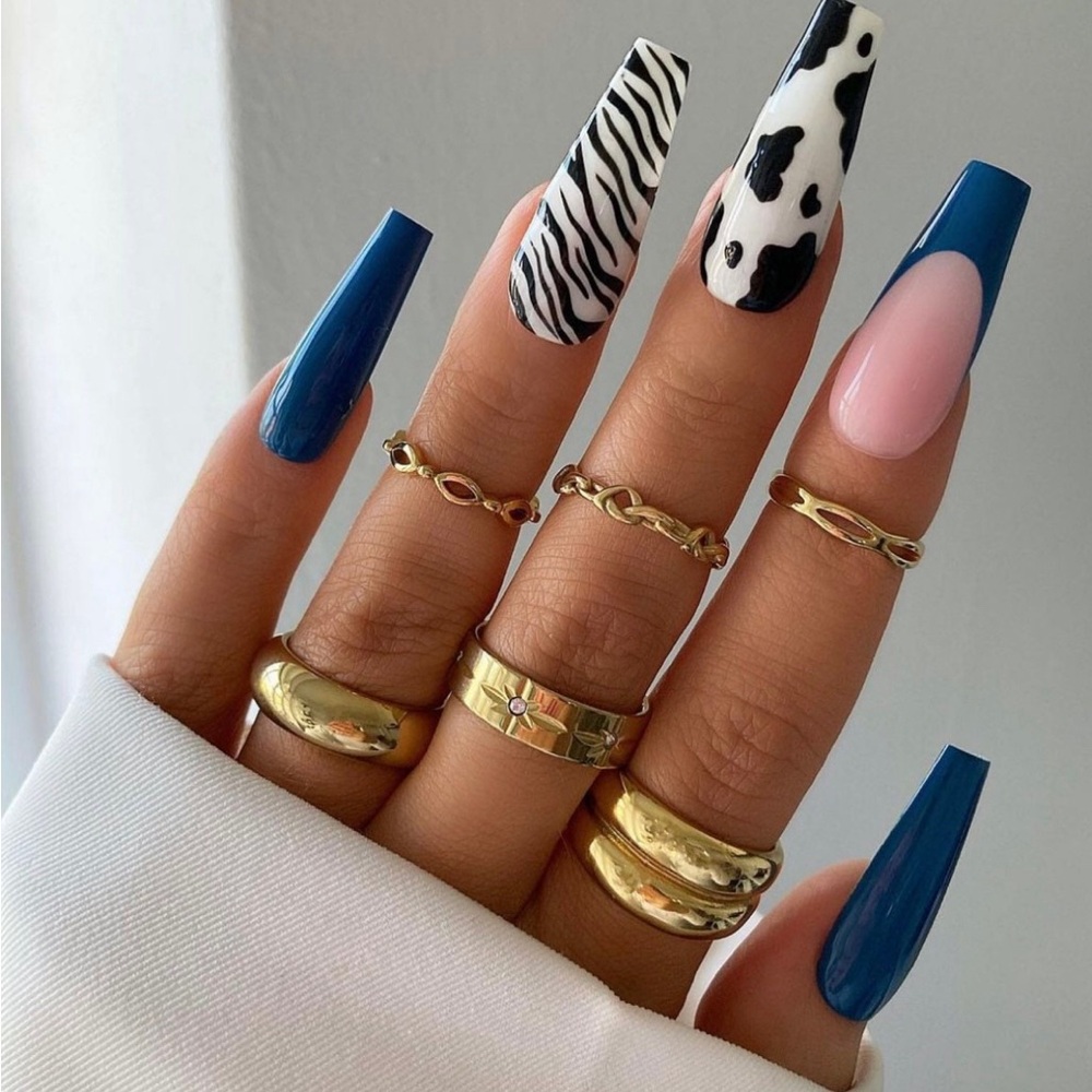 Zebra/cowprint blue Press on nails from Etsy